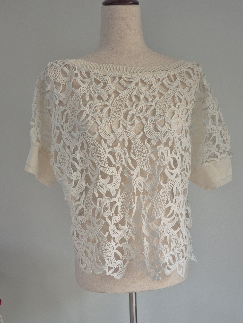 Zara Cream Lace Openwork Short Sleeve TOP. Size L